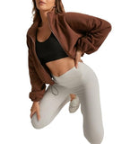 BOWOXO Cropped Fleece Winter Hiking Jacket for Women Cozy Fleece with Secure Side Pockets with 3F Zipper Long Sleeve Windproof Coat（Coffee，XL）
