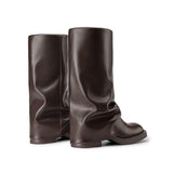 Athlefit Women's Slouchy Fold Over Boots Platform Low Heel Square Toe Slip On Wide Mid Calf Brown Boots for Office Work Walking Size 7