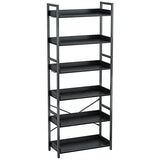 Rolanstar Bookshelf 6 Tier with 4 Hooks, Industrial Wood Bookcase, Vintage Storage Rack with Open Shelves, Black