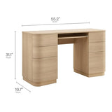 Modway Mirae 55 Inch Computer Desk with Drawers in Brushed Light Oak – Modern Compact Office Desk with Keyboard Tray, Curved Edges