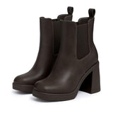 Athlefit Women's Platform Chelsea Boots High Chunky Heel Ankle Boots Square Toe Slip On Elastic Heeled Booties Dark Brown Size 8
