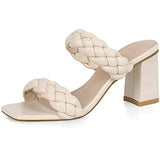 Athlefit Women's Braided Heeled Sandals Summer Square Open Toe Heels Slip On Block Heels Beige Size 6