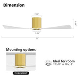 WINGBO 52" Ceiling Fan no Light - Brass and White DC Flush Mount Ceiling Fan, 3 ABS Plastic Curved Blades, 6 Speed Reversible DC Motor, Hugger Ceiling Fans No Light for Kitchen, Bedroom, Living Room
