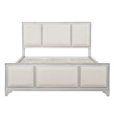 Queen Size Wooden Bed Frame with Upholstered Headboard, White Wood & Beige Fabric