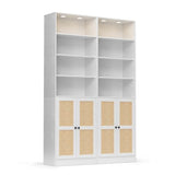 Tall Bookshelf with LED - Rattan Wood Door Design, 7 Tier Bookcase Set of 2, Curio Cabinets with Storage