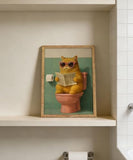 Framed Funny Cat Bathroom Wall Art Orange Cat on Toilet Reading Newspaper Picture Wall Decor Animal Bathroom Poster Print for Restroom Toilet Home Decoration 12x16 in