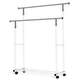 VICERII Double Clothing Rack, 55.51 Inch Garment Rack with Wheels and Bottom Shelf, 130LB Capacity Heavy Duty Rolling Clothes Racks , White