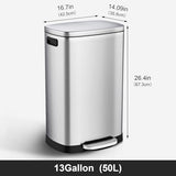 Kitchen Trash Can with Lid Soft Close,13 Gallon / 50L Stainless Steel Pedal Garbage Can, Heavy-Duty Fingerprint Proof Step Wastebasket with 20 Bags,