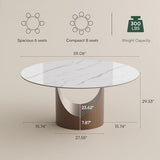 Round Dining Table for 6, Glossy White Sintered Stone Dining Tabletop with Bronze Carbon Steel Pedestal
