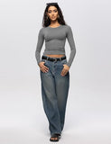 Enerful 2 Piece Women's Long Sleeve Shirts Crew Neck Slim Fitted Going Out Crop Casual Tops Basic Tees,Black Dark Gray X-Large