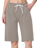 SPECIALMAGIC Bermuda Sweat Shorts Women with Pockets Cotton 12 Inch Athletic Lounge Workout Shorts,Pure Taupe,M