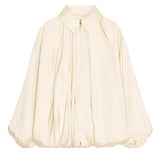 Talakeno Womens Puffed Bomber Jacket Casual Batwing Sleeve Lapel Collar Zip Shirts Oversized Pleated Streetwear Jackets(Apricot,L)