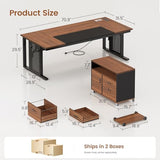 71" Executive Desk with Rolling File Cabinet, Large Office Desk with Drawers, L Shaped Computer Desk, Brown