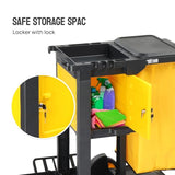 3-Shelf Commercial Cleaning Cart, Housekeeping Caddy with Locker,Wheeled with Yellow Vinyl Bag,