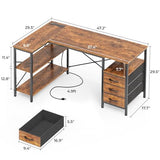 Huuger L Shaped Office Desk with Power Outlets, 47 Inch Computer Desk with 3 Drawers, Rustic Brown