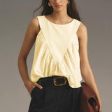 Hixiaohe Shirred Swing Tank Tops for Women Fashion Flowy Sleeveless Shirts Casual Crew Neck Blouse Loose Fit Ruffled Tops(Yellow,XS)