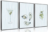 3Pcs Oyster Shell Wall Art Prints Funky Martini Lemon Bar Cart Wall Decor Pictures Blue White Striped Preppy Coastal Granddaughter Aesthetic Posters Beach House Apartments Decoration Unframed 12x16in