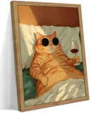Framed Funny Cat Wall Art Cute Funky Cat Drinking Wine Picture Wall Decor Eclectic Whimsical Animal Bar Cart Poster Print for Bedroom Living Room Home Decoration 12x16in