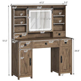 AOGLLATI Farmhouse Makeup Vanity Desk with Lights & Charging Station,Vanity Desk with Mirror and Lights, 47.2” Large Brown Vanity Table with Ample Storage Space and Sliding Mirror (Oak Brown)