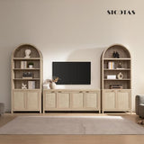 SICOTAS 84.2" Tall Arched Bookcase with Doors - 5 Tier Rattan Bookshelf