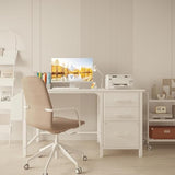 White Desk with Fabric File Drawers Cabinet, 47 Inch Reversible Computer Desk with Filing Cabinet, White