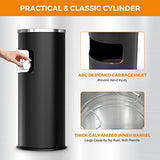Black Trash Can with Lid Outdoor Indoor Stainless Steel Commercial Garbage Bin Waste Container, Black, 9.8 in x 24 in (D * H)