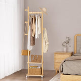 Solid Wood Coat Rack Freestanding Clothing Rack with Wheels & 2 Shelves Storage & 5 Hooks Heavy Duty Clothes Rack Wood Coat Tree Stand