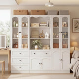 Cyclysio White Bookcase Set with 8 Doors & 3-Tier Open Shelves – 80” Tall Bookcase with 4 Drawers