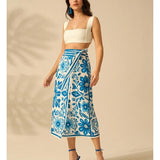 Talakeno Womens Floral Wrap Midi Skirt Summer Adjustable Tie Side Casual High Waist A Line Beach Boho Long Flared Skirts(Blue,L)