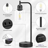 Industrial Touch Table Lamps for Bedrooms Set of 2 - 3-Way Dimmable Nightstand Lamps with USB C+A Ports and Outlet, Black Bedside Lamps