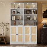 Tall Bookshelf with LED - Rattan Wood Door Design, 7 Tier Bookcase Set of 2, Curio Cabinets with Storage