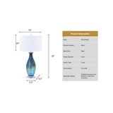Pemberly Row Contemporary Table Lamps, 30-Inch Blue Tone Art Glass Body with Crystal Base, Linen Shade, 3-Way Switch, Coastal Style for Living Room or Bedroom Lighting, Set of 2