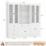 Cyclysio White Bookcase Set with 8 Doors & 3-Tier Open Shelves – 80” Tall Bookcase with 4 Drawers
