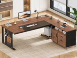 71" Executive Desk with Rolling File Cabinet, Large Office Desk with Drawers, L Shaped Computer Desk, Brown