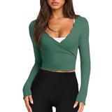 Talakeno Womens Ballet Wrap Tops Cropped Long Sleeve Self Tie Front Shirt Y2K Workout Yoga Pilates Dance Cover Up Blouse(Dark-Green,XS)