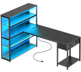 57 Inch L Shaped Gaming Computer Desk with Larger Open Cabinet, Reverisble Office Desk with Power Outlets