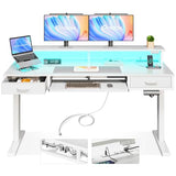 AODK Electric Standing Desk with Drawers & Keyboard Tray, 55 Inch Height Adjustable Gaming Desk with Power Outlets & LED Lights, Sit Stand Table with Monitor Stand for Home, Office, White