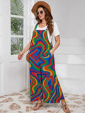 AusLook Plus Size Women's Adjustable Straps Jumpsuits Psychedelic Color Flow 2X Casual Loose Wide Leg Overalls with Pockets
