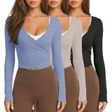Talakeno Womens Ballet Wrap Tops Cropped Long Sleeve Self Tie Front Shirt Y2K Workout Yoga Pilates Dance Cover Up Blouse(Black+Blue+Light Coffee,XS)