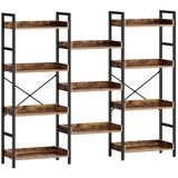 Rolanstar Bookshelf 4 Tiers with 4 Hooks, Triple Bookcase with Open Display Shelves, Industrial Wide Bookshelf