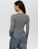 Enerful 2 Piece Women's Long Sleeve Shirts Crew Neck Slim Fitted Going Out Crop Casual Tops Basic Tees,Black Dark Gray X-Large