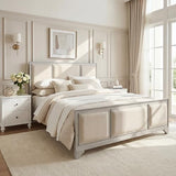 Queen Size Wooden Bed Frame with Upholstered Headboard, White Wood & Beige Fabric