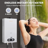 SANAUGAS Tankless Water Heater Propane, 3.18GPM 12L Portable Instant Hot Water Heater, Outdoor Use for RV camping, Camper Van, Camping Trailer, Cabin, Barn, Pool, White