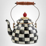 MACKENZIE-CHILDS Enamel Tea Kettle, Stylish Tea Kettle for Stovetop, Black-and-White Courtly Check, 2 Quarts