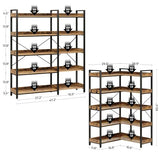 Rolanstar Bookshelf 5 Tier with 4 Hooks, Reversible Corner Bookshelf, 65" Industrial Wooden Bookcase, Rustic Brown