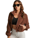 BOWOXO Cropped Fleece Winter Hiking Jacket for Women Cozy Fleece with Secure Side Pockets with 3F Zipper Long Sleeve Windproof Coat（Coffee，XL）