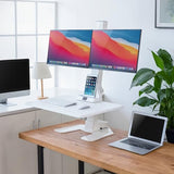 Mount-It! Electric Standing Desk Converter, Motorized Sit Stand Desk Riser with Dual Monitor Mounts, Adjustable Height Ergonomic Workstation with 28” Wide Platform and Tablet/Phone Slot, White