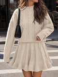 Tankaneo Womens 2 Piece Sweater Skirts Set Chunky Cable High Neck Long Sleeve Sweaters Ruffle Mini Skirt Lounge Set