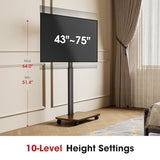AOKCOS Rolling TV Stand for 43 50 55 60 65 70 75 Inch TVs, Portable Mobile TV Stand on Wheels, 10-Level Height Adjustable TV Cart with Swivel & Tilt Mount for Bedroom/Living Room/Office/Corner