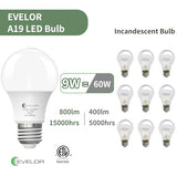 evelor A19 LED Light Bulbs,60 Watt Equivalent Soft White 2700K with E26 Base,Efficient 9W,800 Lumens Non-Dimmable Warm White LED Bulbs,15000 Hours, Ideal for Bedroom Living Room 4-Pack